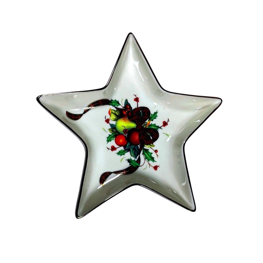 Lenox Holiday Tartan Star Shaped Candy Dish Trinket Tray Gold Rim